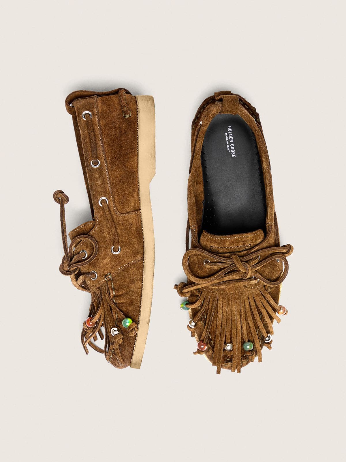 Golden Goose - Mocassino Cruise Donna in suede kaki con frangia e perline multicolor in 