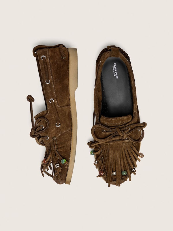 Mocassino Cruise Donna in suede kaki con frangia e perline multicolor