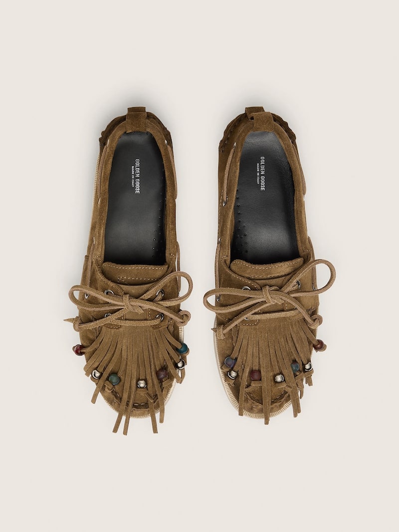 Golden Goose - Mocassino Cruise Donna in suede kaki con frangia e perline multicolor in 