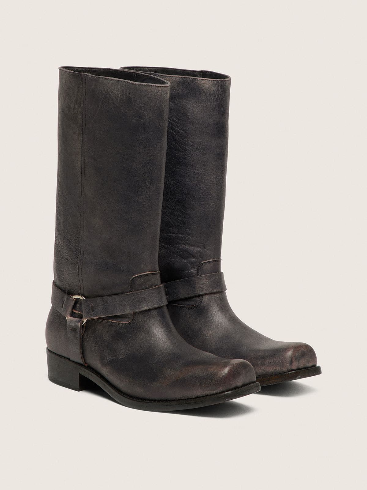 Golden Goose - Hoher Damen-Bikerstiefel aus schwarzem Leder mit Riemen und silberfarbener Schnalle in 