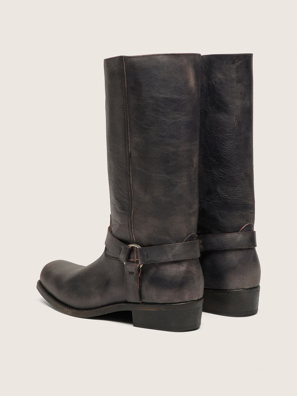 Golden Goose - Hoher Damen-Bikerstiefel aus schwarzem Leder mit Riemen und silberfarbener Schnalle in 