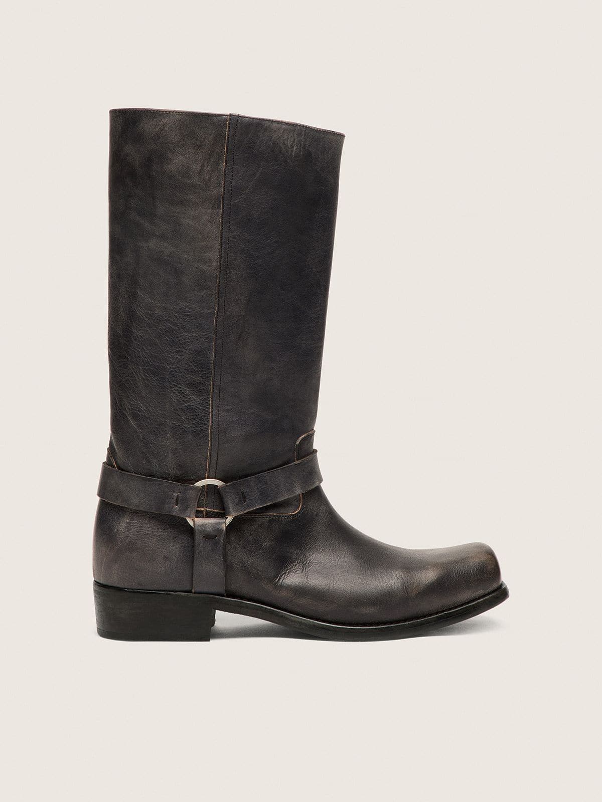 Golden Goose - Hoher Damen-Bikerstiefel aus schwarzem Leder mit Riemen und silberfarbener Schnalle in 