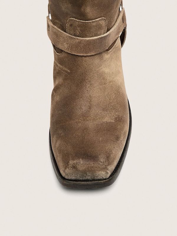 Golden Goose - Women's high Biker boots in dark beige waxed suede with strap and a silver-colored buckle in 