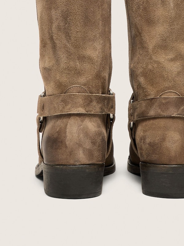 Golden Goose - Women's high Biker boots in dark beige waxed suede with strap and a silver-colored buckle in 