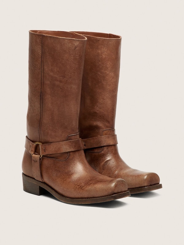 Bottes de motard montantes pour femme en cuir marron avec bride et boucle couleur or ancien