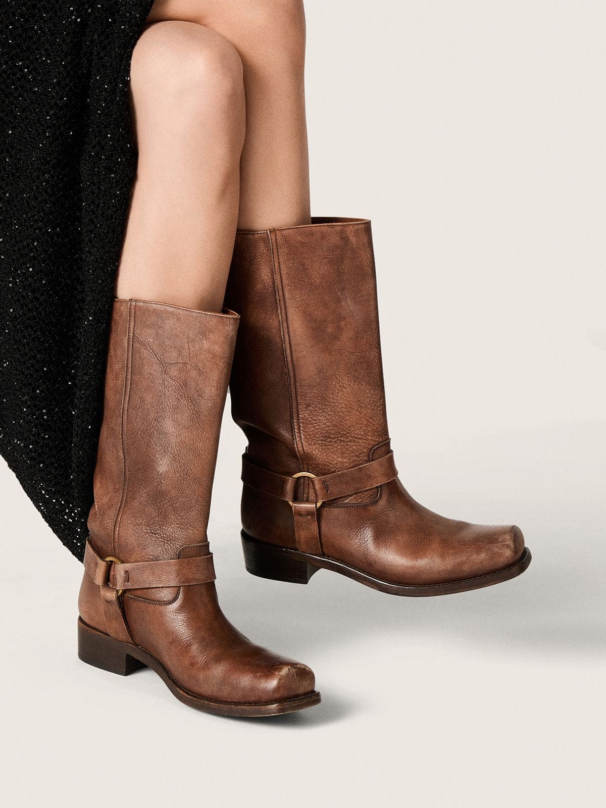 Golden Goose - Botas Biker de cano alto Femininas de couro marrom com tira e fivela ouro velho in 