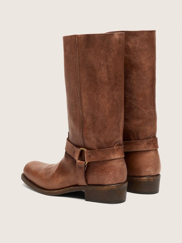 Golden Goose - Women's high Biker boots in brown leather with strap and antique gold-colored buckle in 