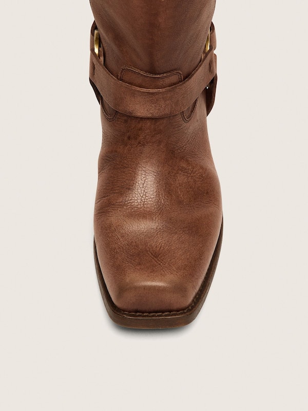 Golden Goose - Women's high Biker boots in brown leather with strap and antique gold-colored buckle in 