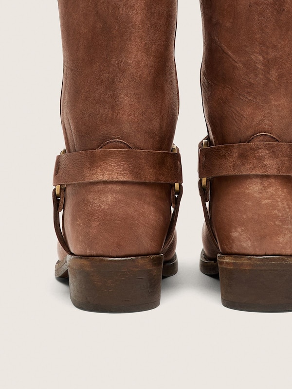 Golden Goose - Women's high Biker boots in brown leather with strap and antique gold-colored buckle in 