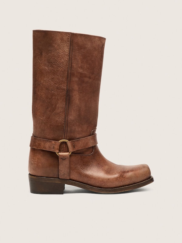 Bottes de motard montantes pour femme en cuir marron avec bride et boucle couleur or ancien