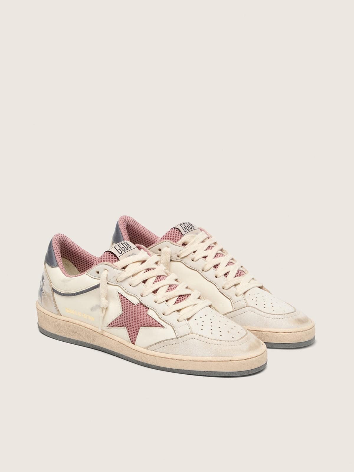Golden Goose - Women's Ball Star LTD in beige leather with pink mesh star and blue leather heel tab in 