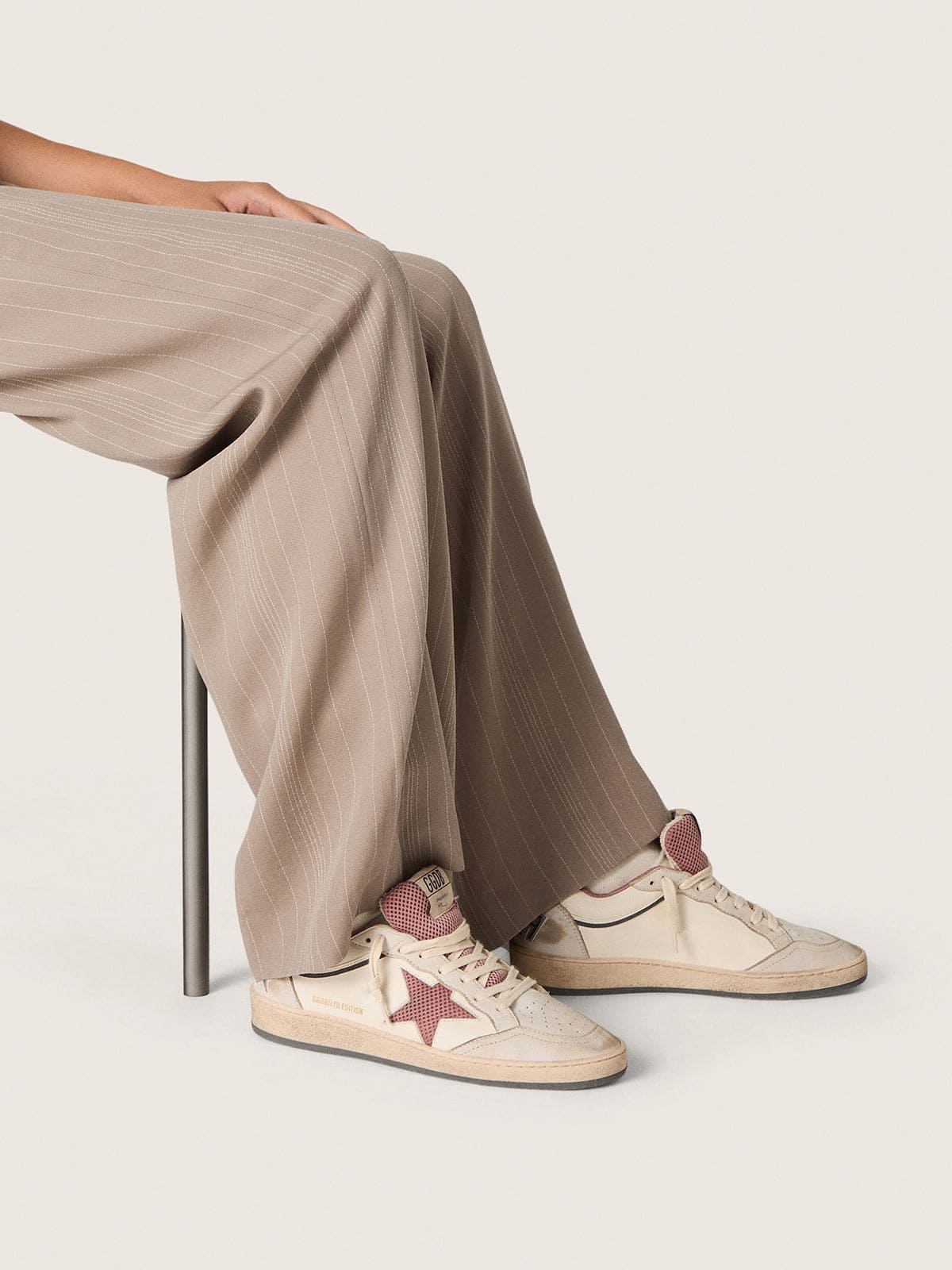 Golden Goose - Women's Ball Star LTD in beige leather with pink mesh star and blue leather heel tab in 