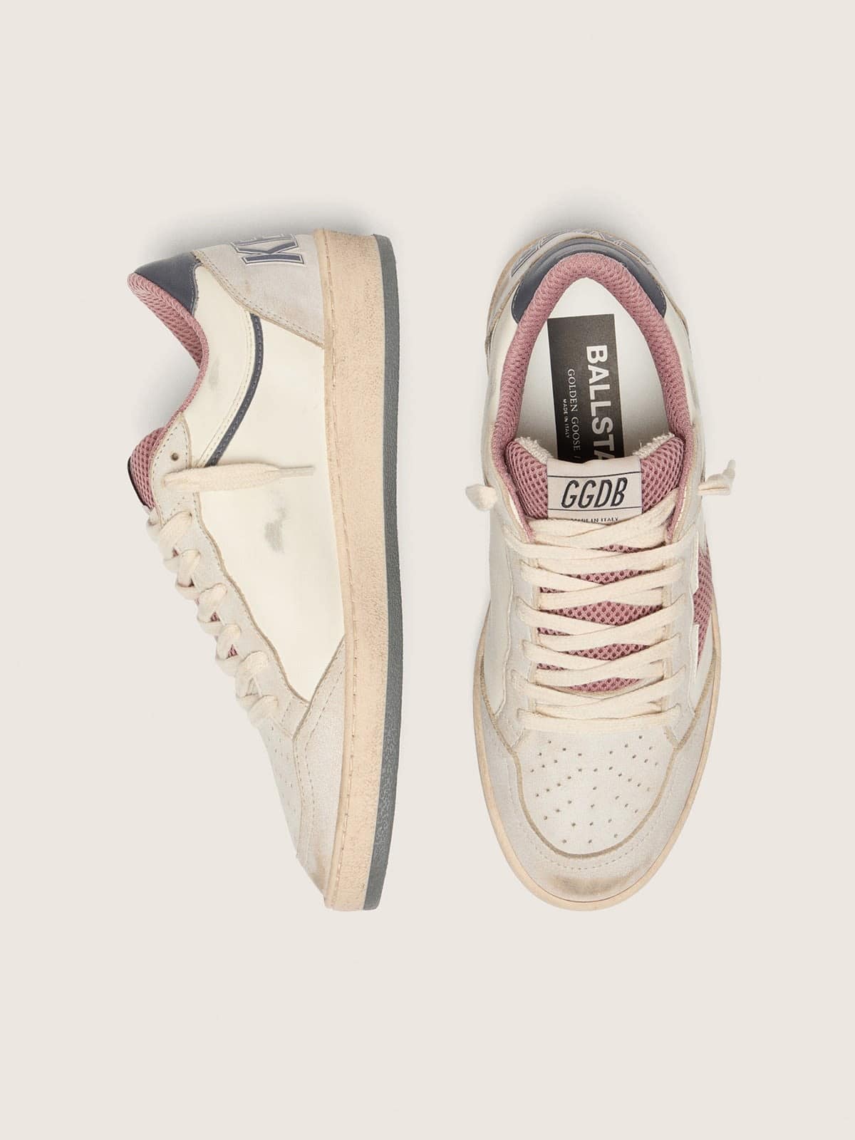 Golden Goose - Women's Ball Star LTD in beige leather with pink mesh star and blue leather heel tab in 