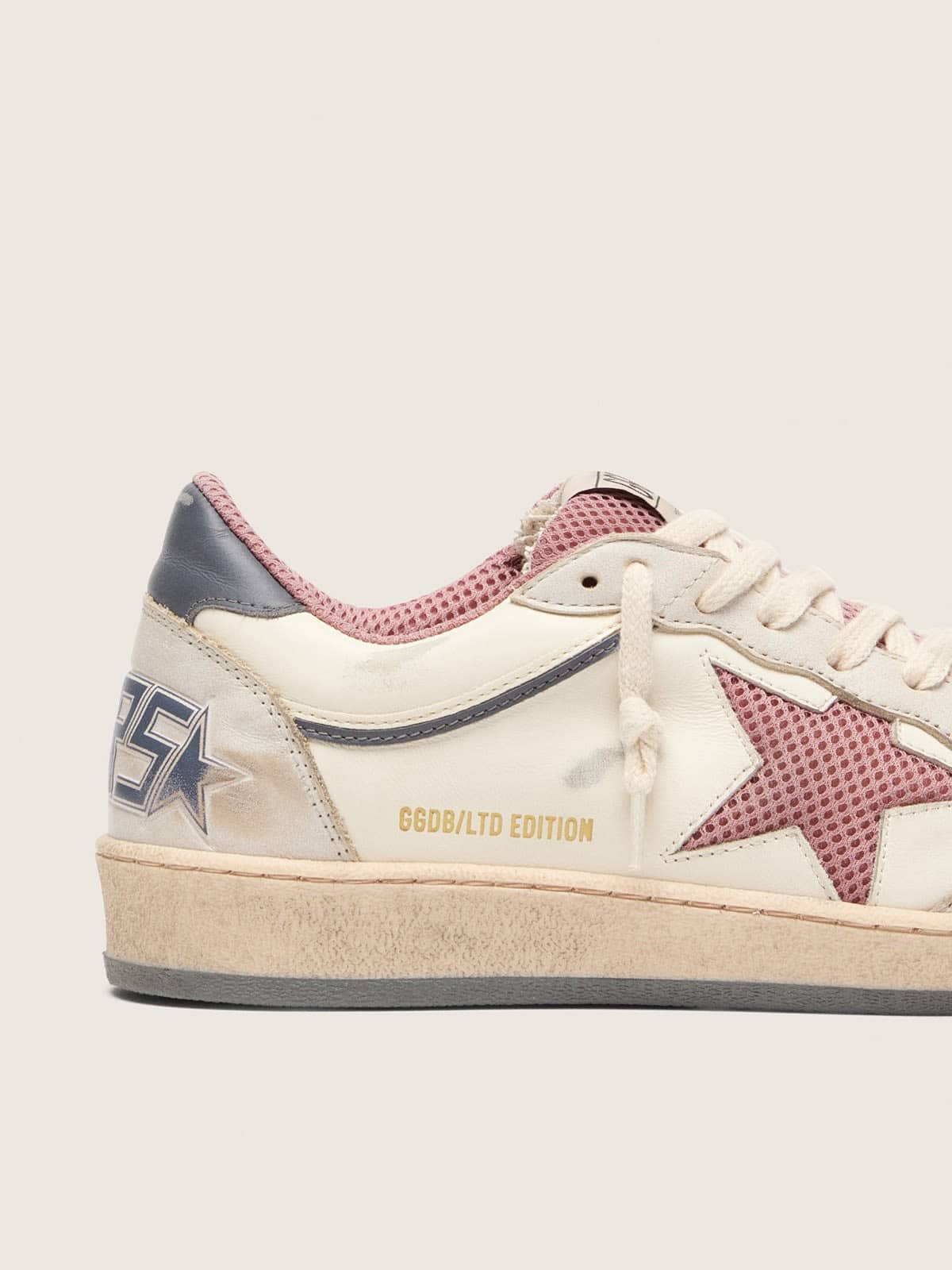 Golden Goose - Women's Ball Star LTD in beige leather with pink mesh star and blue leather heel tab in 