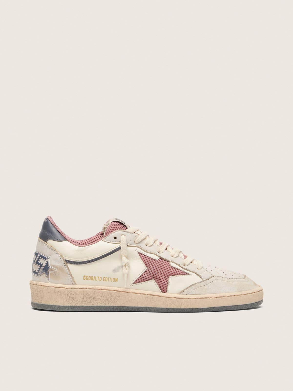 Golden Goose - Women's Ball Star LTD in beige leather with pink mesh star and blue leather heel tab in 
