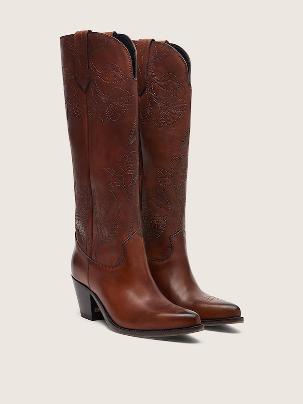 Golden Goose - Women's high Wish Star boots in brown leather with floral embroidery in 