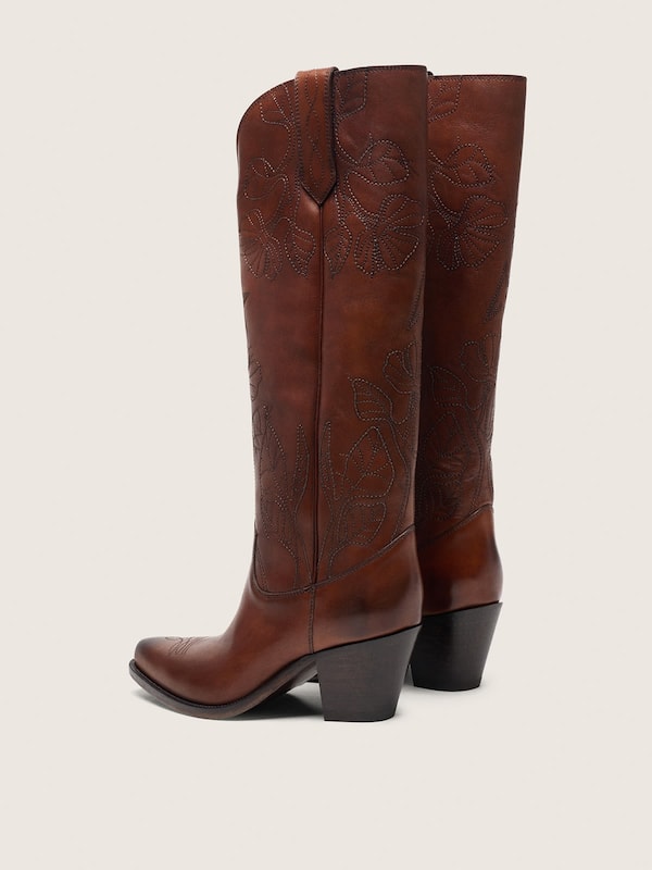 Golden Goose - Women's high Wish Star boots in brown leather with floral embroidery in 