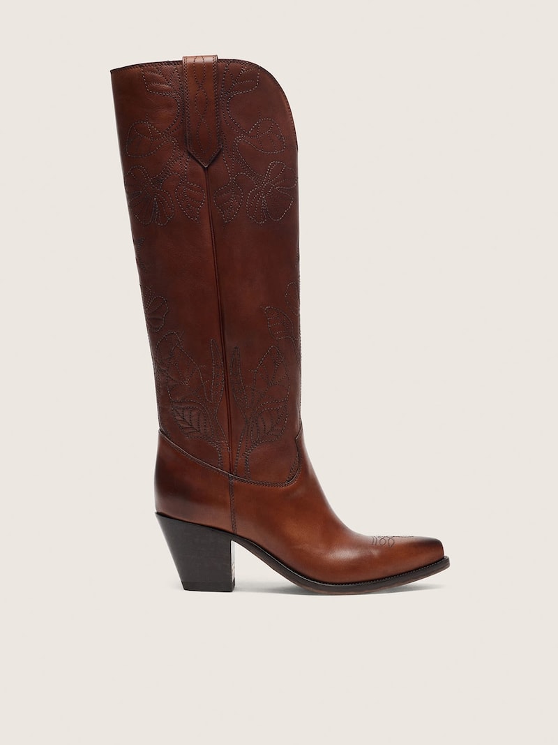 Bottes montantes Wish Star pour femme en cuir marron avec broderie florale