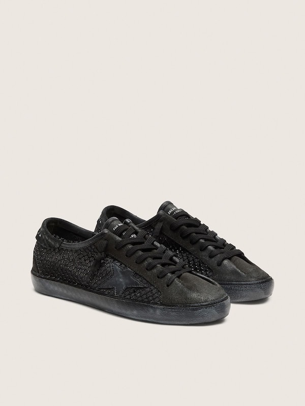 Women&rsquo;s Super-Star LTD in perforated black suede with black star and crystals