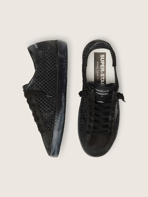 Women&rsquo;s Super-Star LTD in perforated black suede with black star and crystals