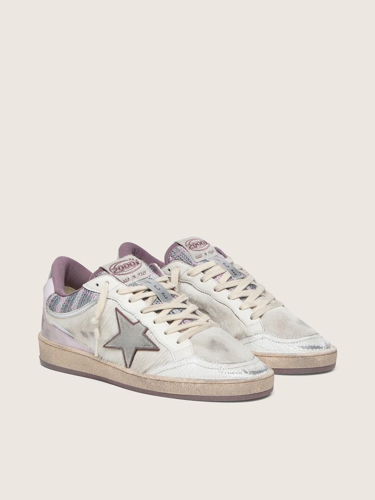 Golden Goose - Ball Star LAB donna in nylon e cavallino bianco con stella argento e inserti lilla in 