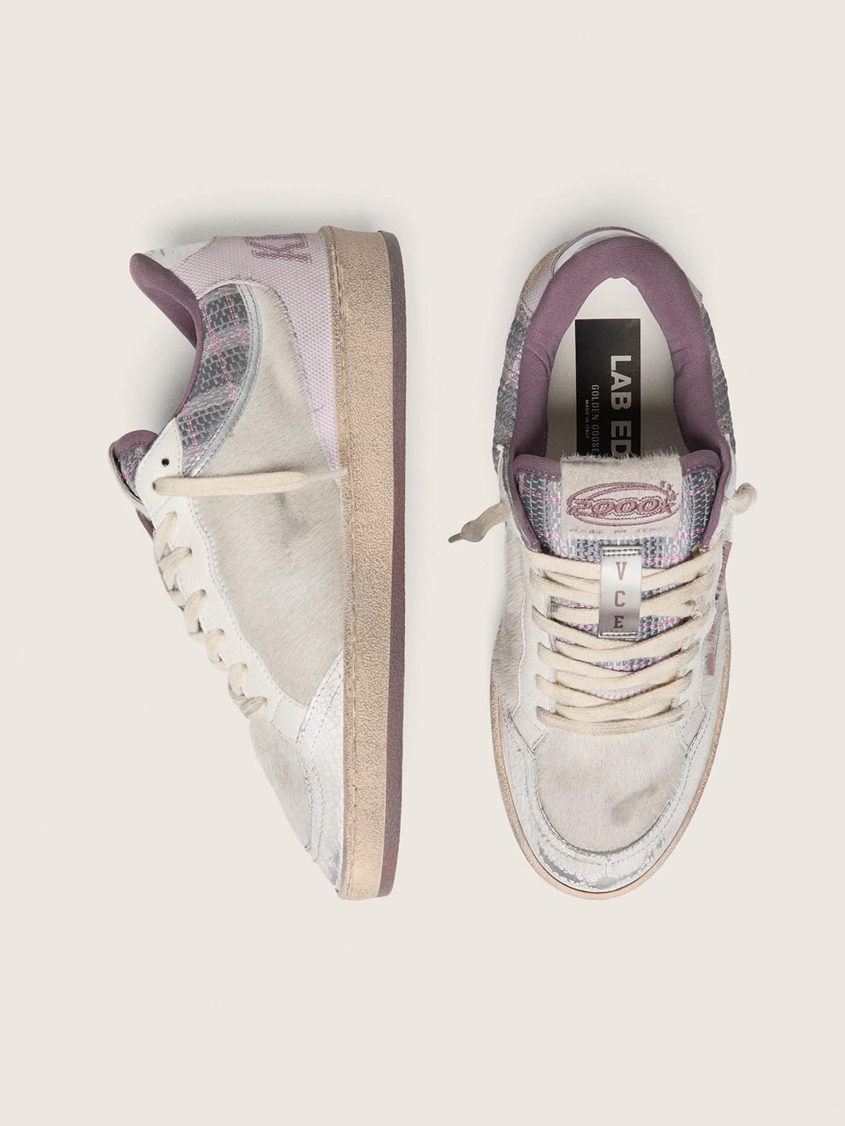 Golden Goose - Ball Star LAB donna in nylon e cavallino bianco con stella argento e inserti lilla in 