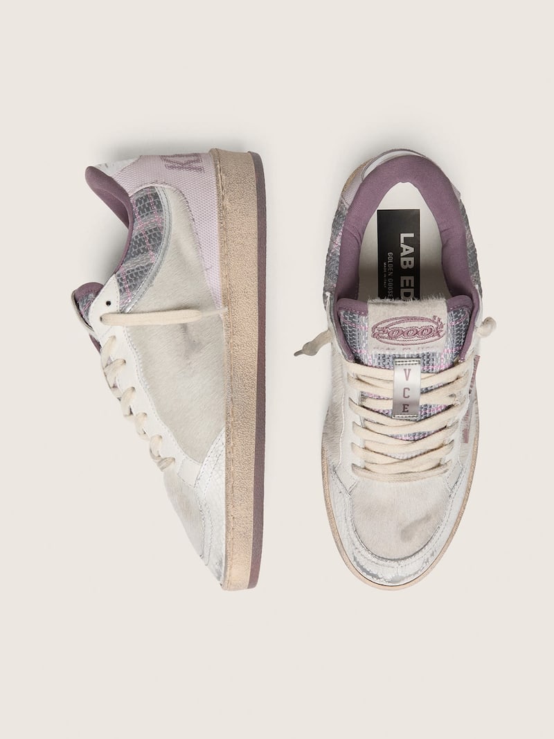Golden Goose - Ball Star LAB femme en nylon et cuir fa&ccedil;on poulain blanc avec &eacute;toile argent&eacute;e et empi&egrave;cements lilas in 