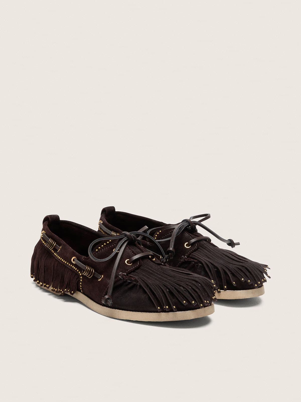 Golden Goose - Mocassino Cruise donna in suede marrone scuro con frangia e borchie oro in 