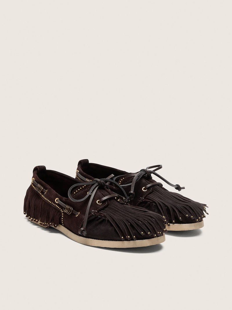 Golden Goose - Mocas&iacute;n Cruise de mujer de ante marr&oacute;n oscuro con flecos y tachas doradas in 