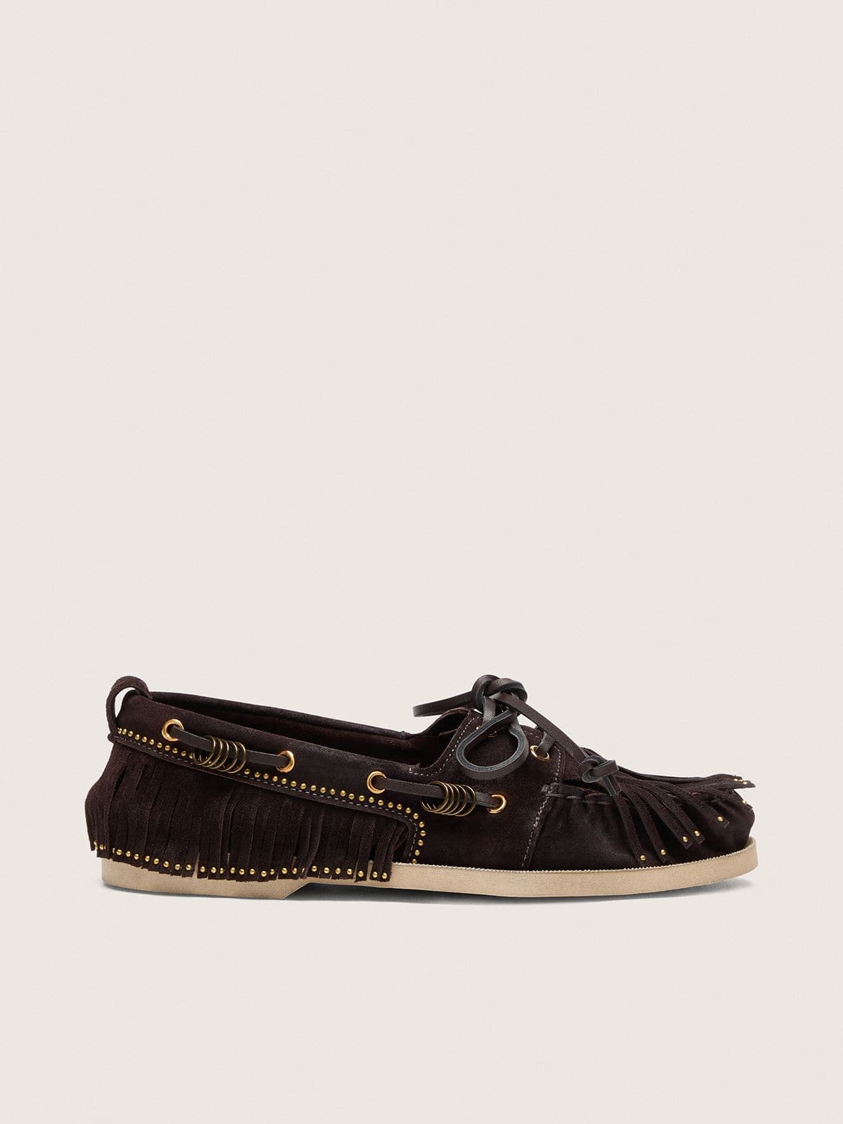 Golden Goose - Mocassino Cruise donna in suede marrone scuro con frangia e borchie oro in 