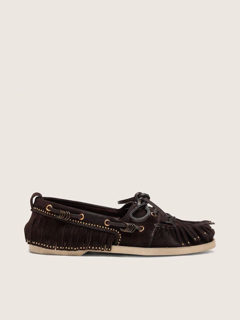 Golden Goose - Mocas&iacute;n Cruise de mujer de ante marr&oacute;n oscuro con flecos y tachas doradas in 