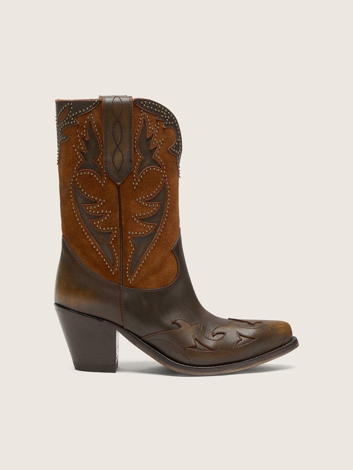 Golden Goose - '70 Wish Star low boots in brown leather with heel and micro-studs in 