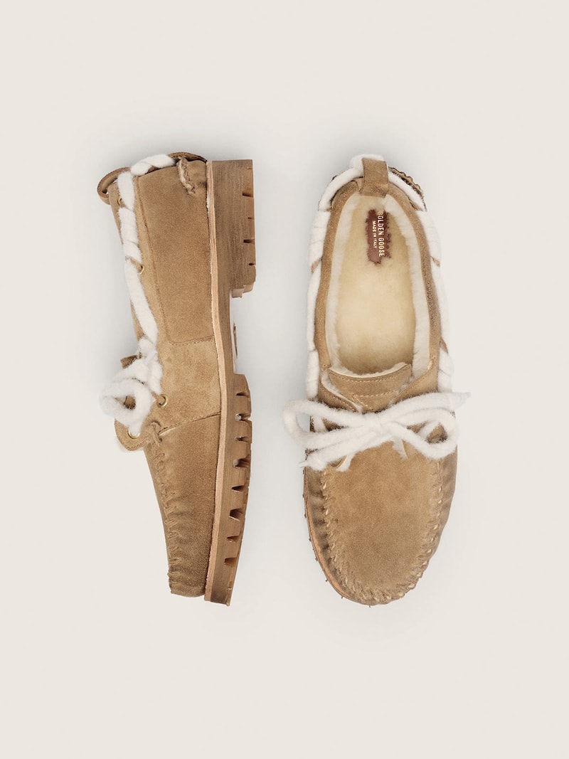 Golden Goose - Mocas&iacute;n Cruise de mujer de ante color tabaco con doble cord&oacute;n y forro de borrego
 in 