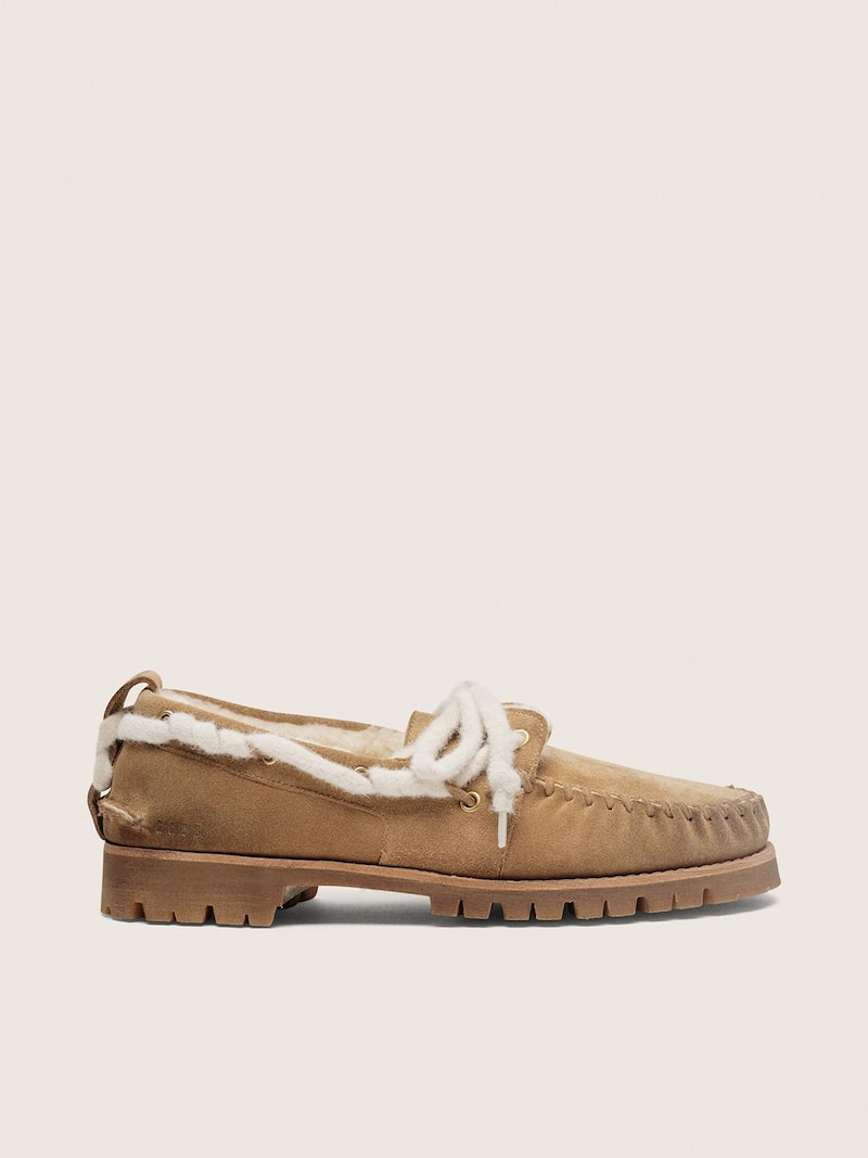 Golden Goose - Mocas&iacute;n Cruise de mujer de ante color tabaco con doble cord&oacute;n y forro de borrego
 in 