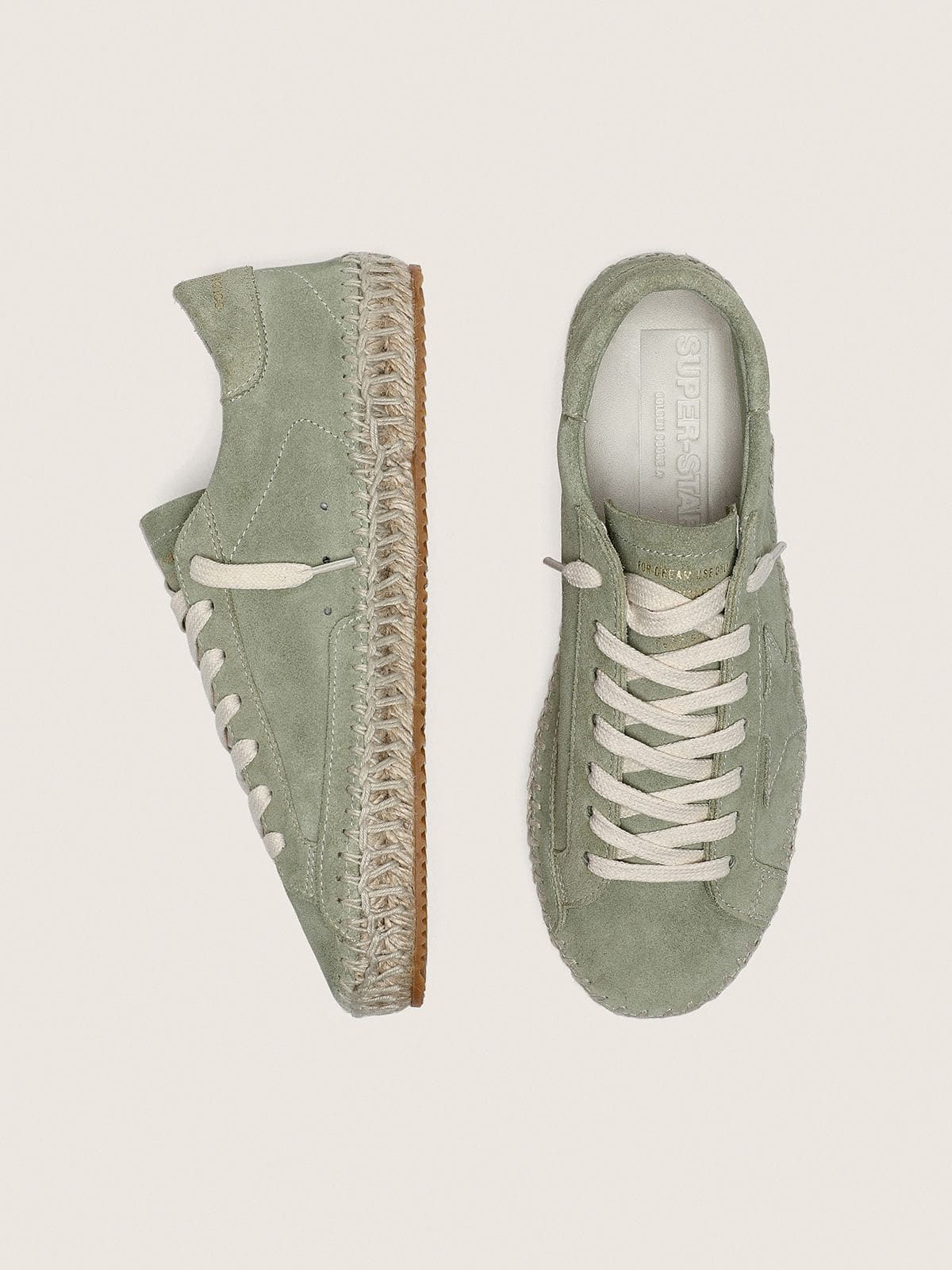 Women&rsquo;s Super-Star in sage-green suede with tone-on-tone suede star and jute-effect foxing