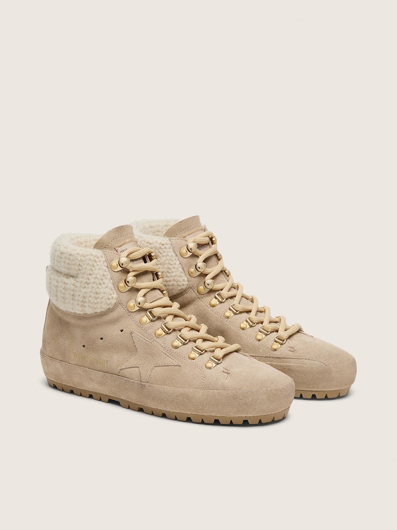 Golden Goose - Women's Francy in beige suede with tone-on-tone star and knit collar in 