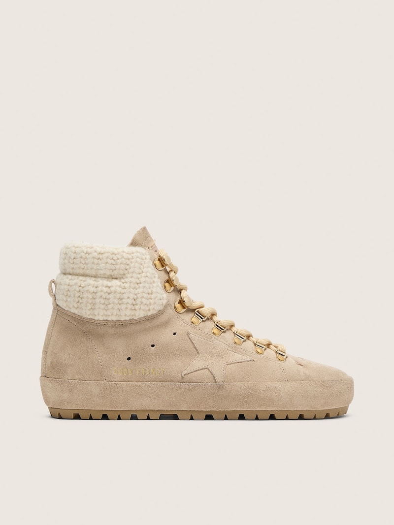 Golden Goose - Women's Francy in beige suede with tone-on-tone star and knit collar in 