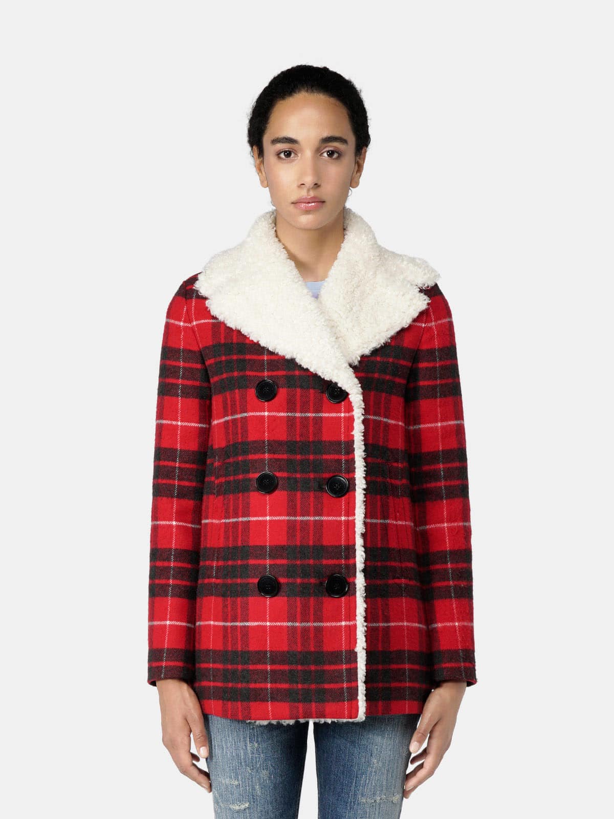 Golden Goose - Caban Alida in tartan con interno in shearling in 