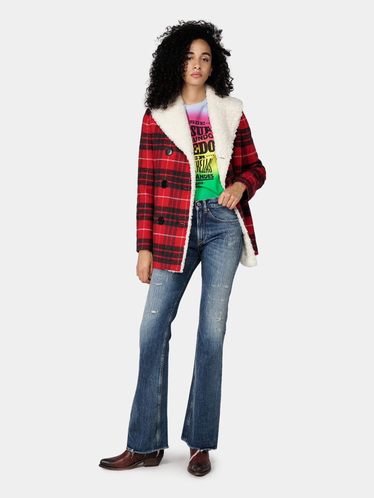 Golden Goose - Caban Alida in tartan con interno in shearling in 