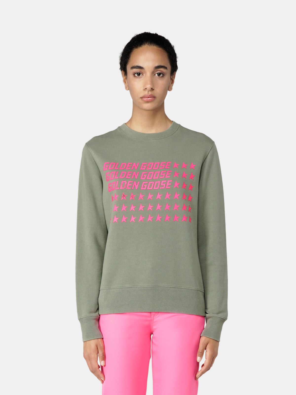 Golden Goose - Sweatshirt Athena Rundhalsausschnitt mit rosa Flaggenprint in 