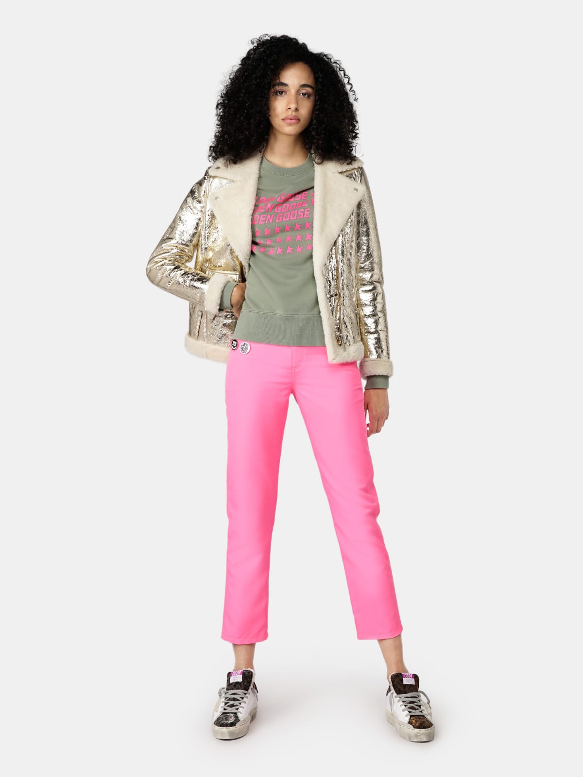 Golden Goose - Felpa Athena girocollo con stampa flag rosa in 