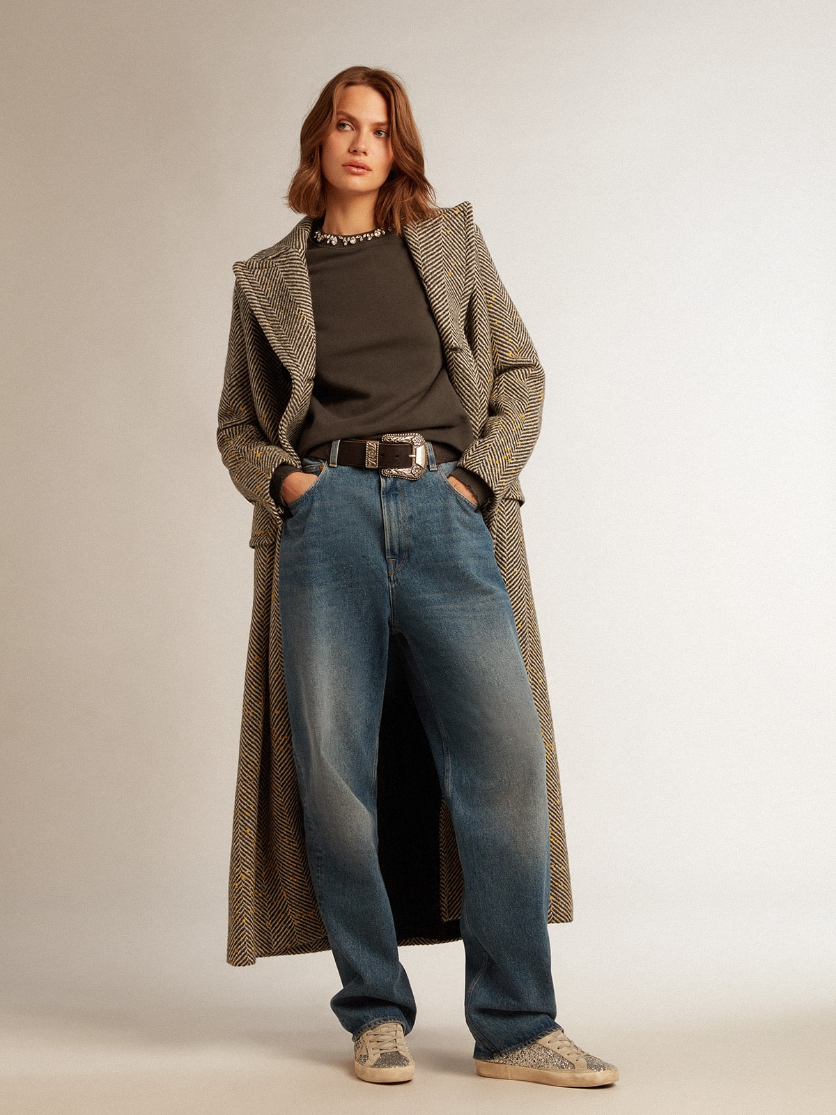 Golden Goose - Cappotto lungo herringbone donna con dettagli gialli in 