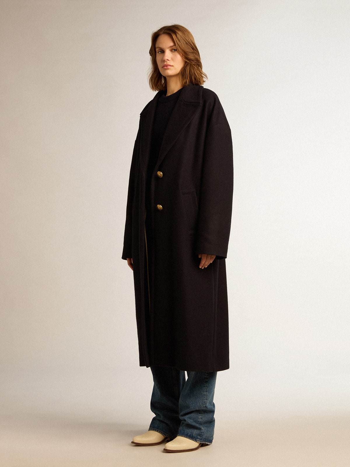 Golden Goose - Women's single-breasted cocoon coat in dark blue wool with gold button in 