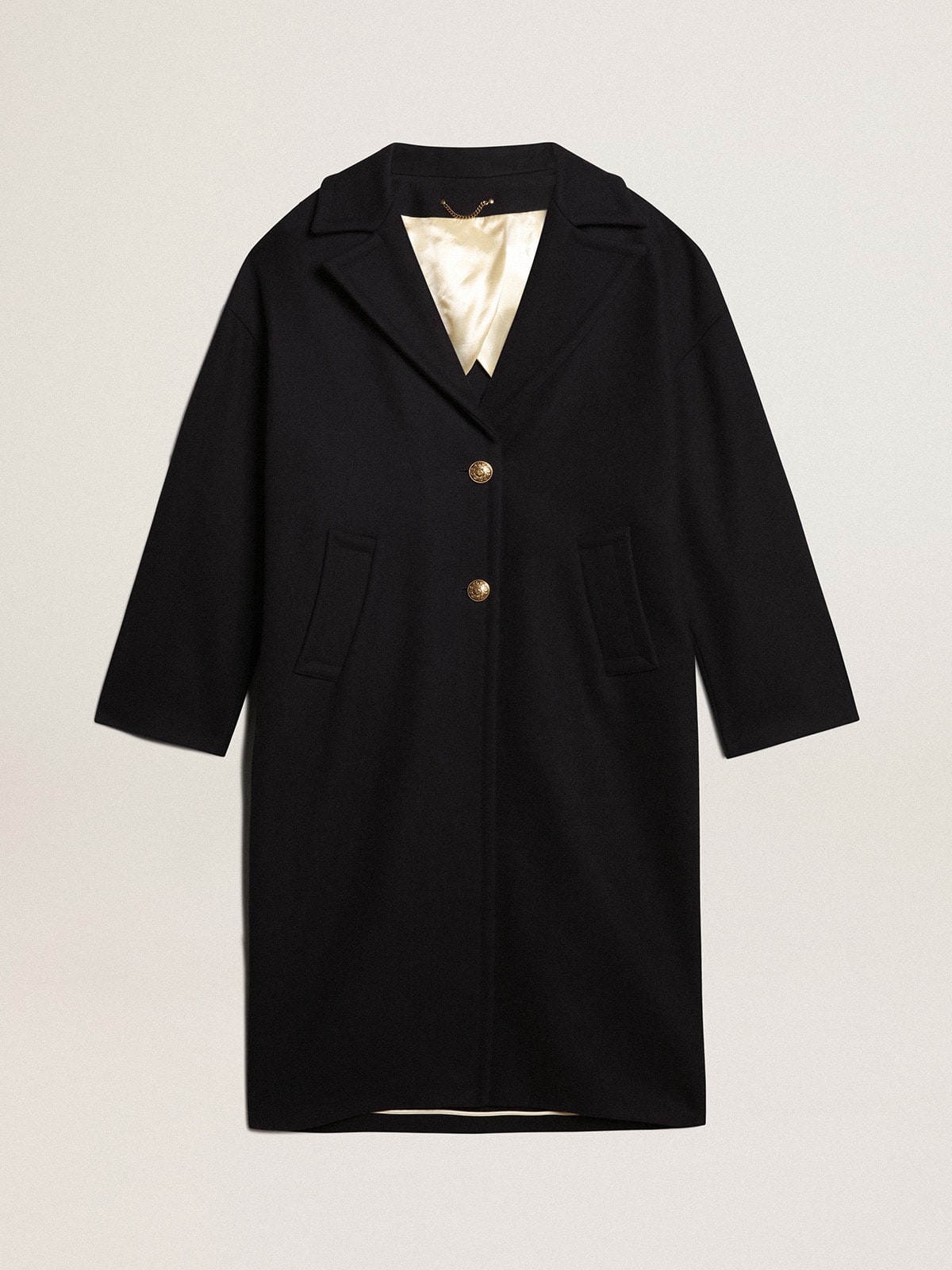 Golden Goose - Women's single-breasted cocoon coat in dark blue wool with gold button in 