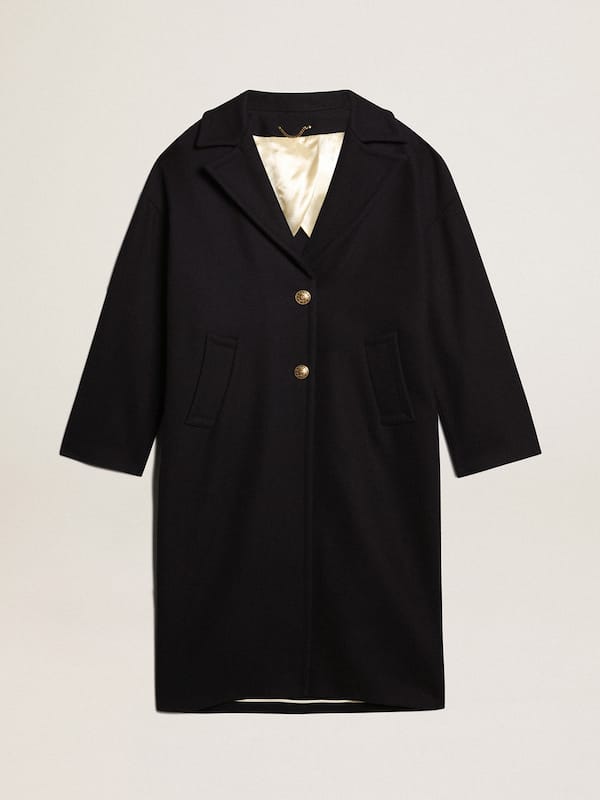 Golden Goose - Women's single-breasted cocoon coat in dark blue wool with gold button in 