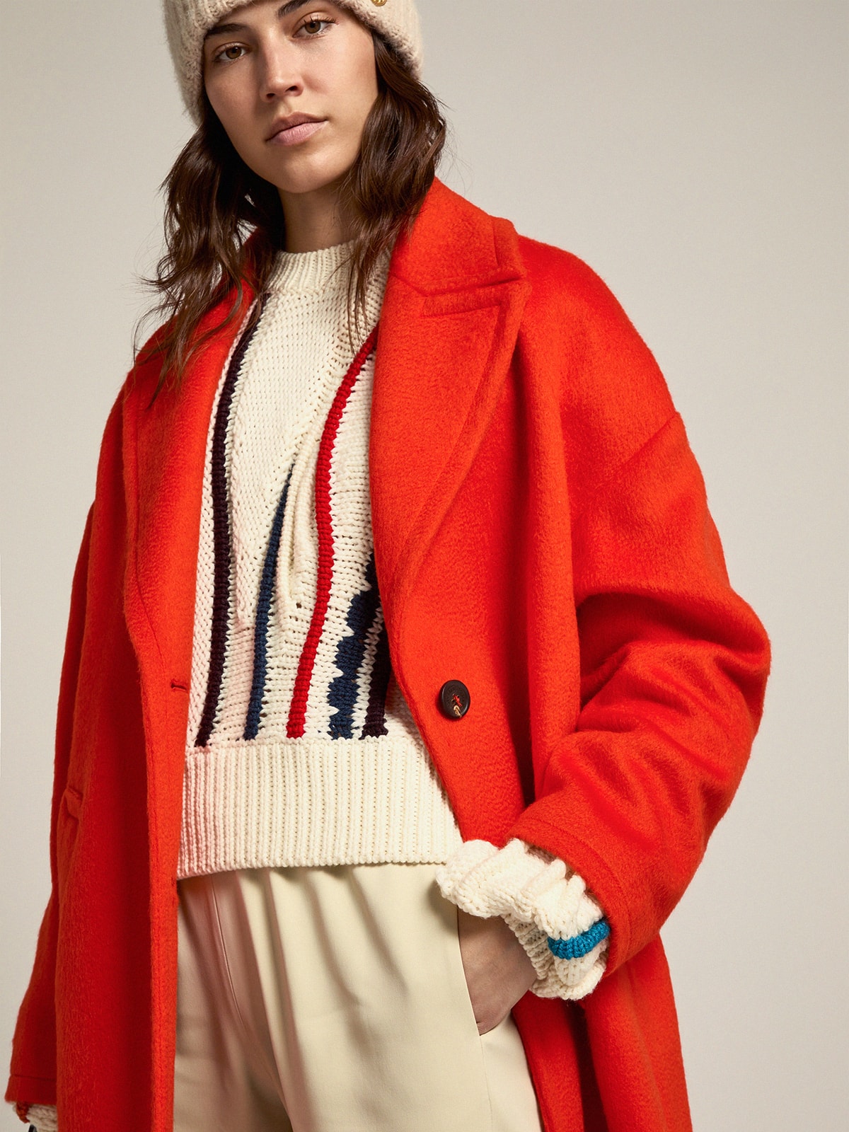 Golden Goose - Single-breasted coat in orange decatized wool fabric in 