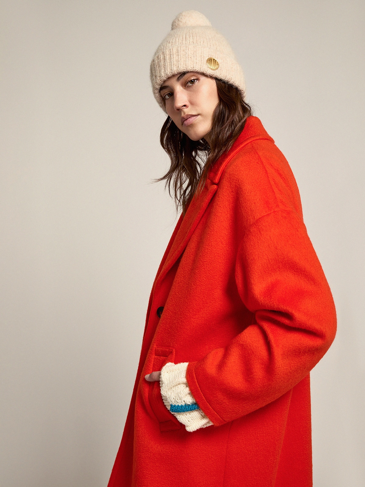 Golden Goose - Single-breasted coat in orange decatized wool fabric in 