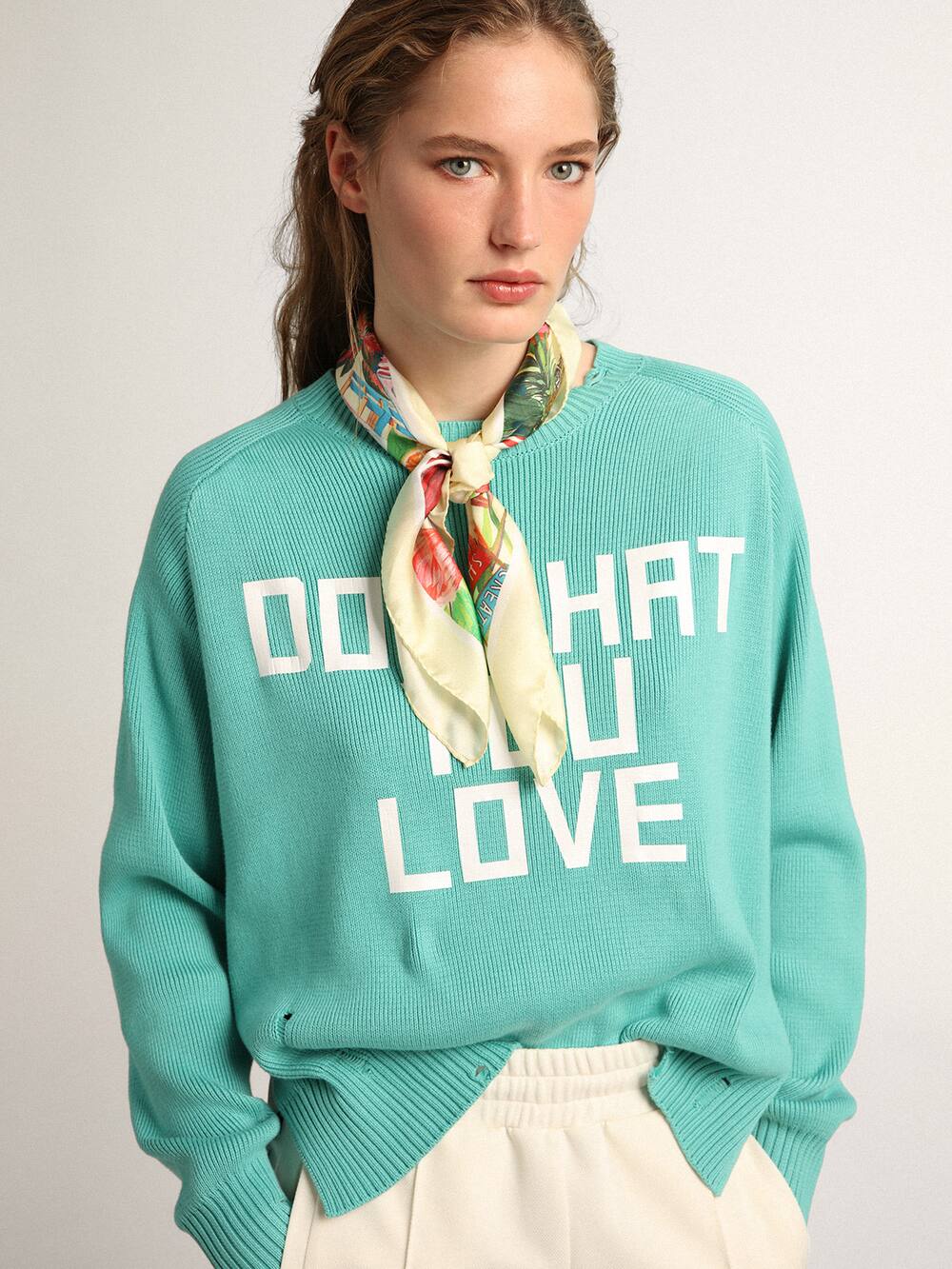 Golden Goose - Mint green round-neck Journey Collection pullover with distressed finish and white lettering in 