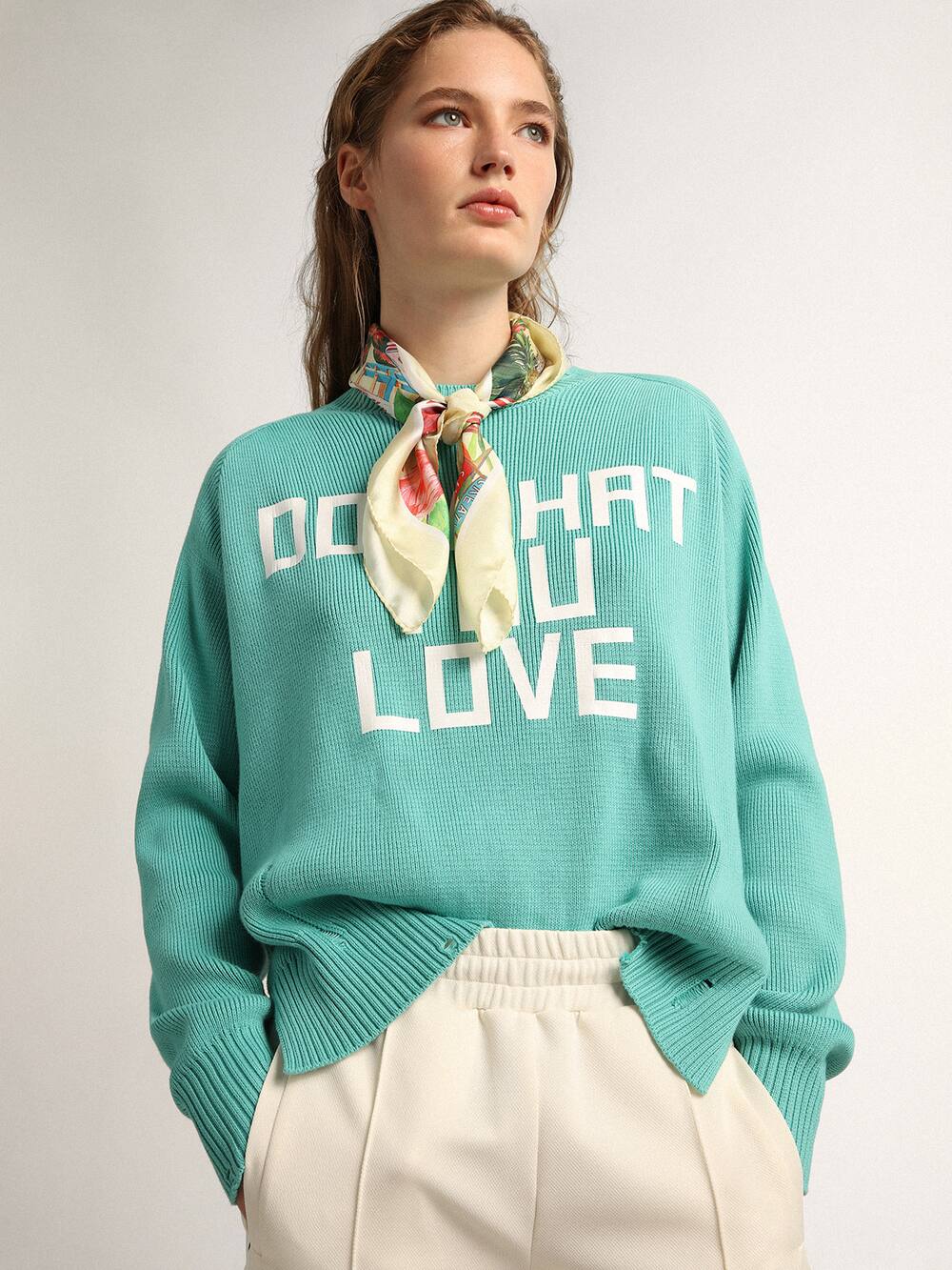 Golden Goose - Mint green round-neck Journey Collection pullover with distressed finish and white lettering in 