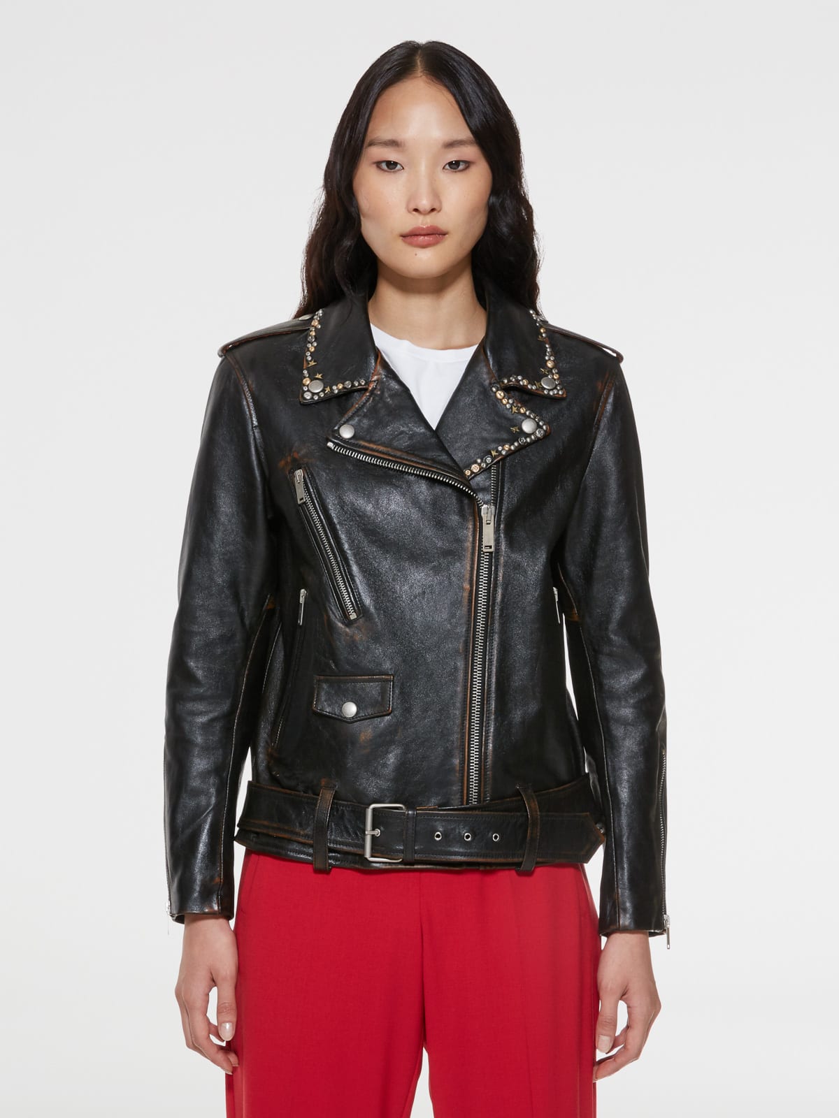 Golden Goose - Vintage-effect Golden biker jacket with studs on the collar in 